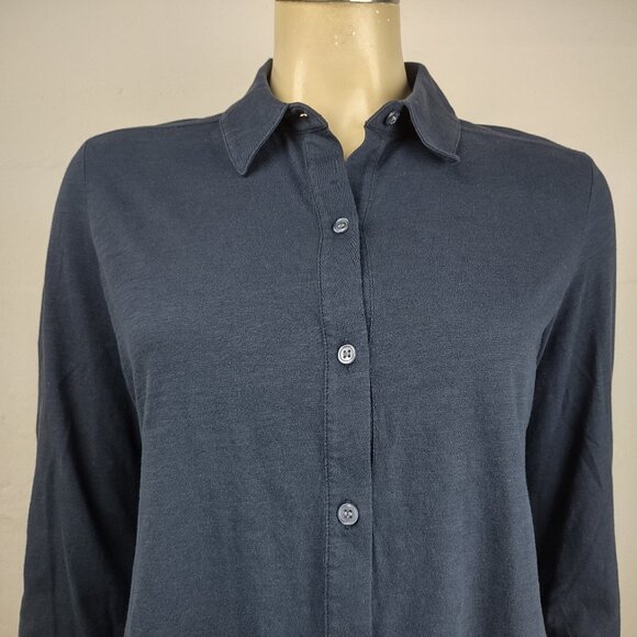 Theory dark blue navy 100% Cotton button front shirt blouse ladies Medium - Picture 2 of 7